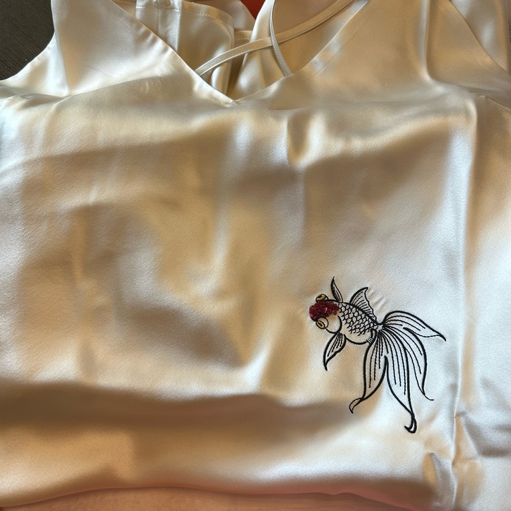 Elegant Ivory Silk Nightgown and Robe with Embroidered Fish (from China)